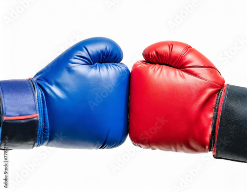 Hands of two men with blue and red boxing gloves bumped their fists isolated on white background, concept of fighting, competition, battle and conflict.