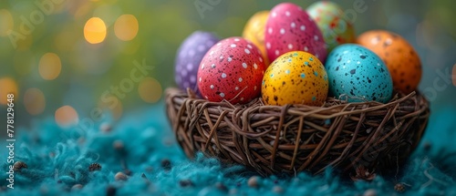 a basket filled with colorfully painted eggs on top of a blue fuzzy surface with a boke of lights in the background.