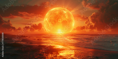 A gigantic Sun touching he horizon in a hazy sunset with all its detail exposure. AI generative © SANGHYUN