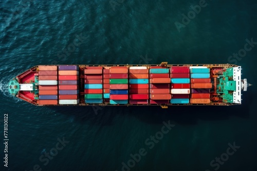 Top view of a container cargo ship at sea