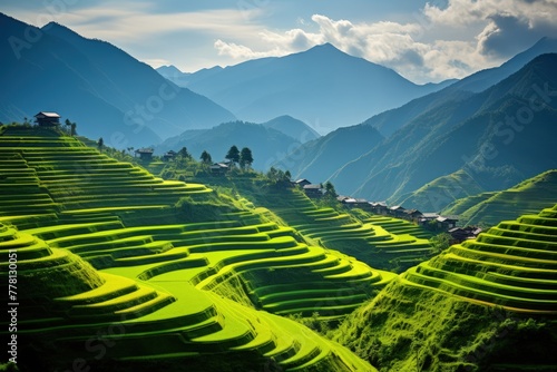 A serene and peaceful scene of cascading rice terraces, nestled among lush green hills photo