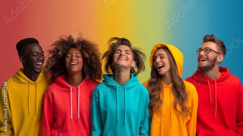Multiethnic young people dressed casually enjoy themselves on colorful studio sets