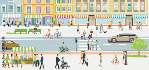 Stadtsilhouette mit Menschengruppen in der Freizeit im Wohnviertel, Illustration © scusi