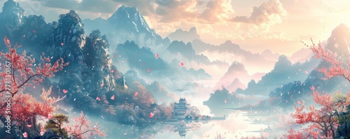 Chinese landscape with peach flowers, mountain ranges, gushing water, clouds, and ancient temples arranged in a staggered pattern
