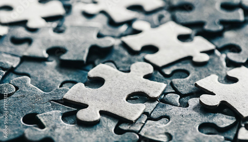 Plain Jigsaw puzzle with unfinished pieces background, pile of puzzle part element for completing, solving problem and task concept