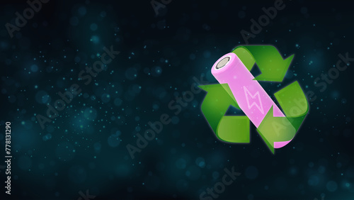Single-used batteries for electronics, lithium-ion 18650 batteries with the Recycle symbol on a blur dark blue background. Conservation ecological, natural friendly, world waste management.