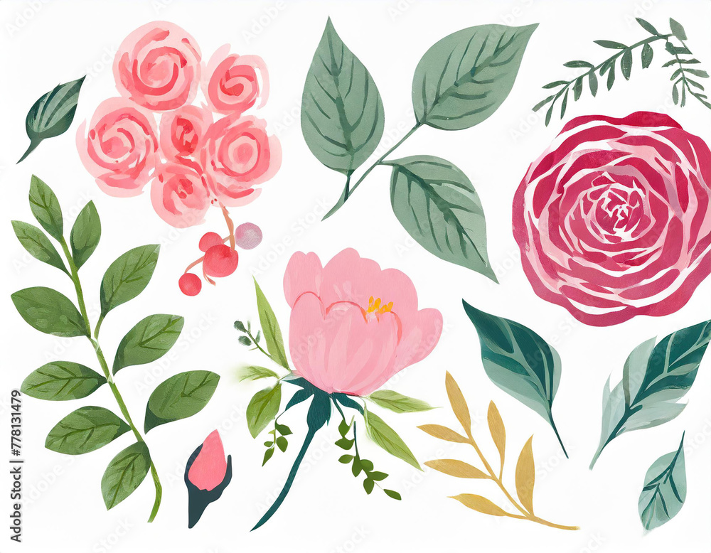 Set of floral branch. Flower pink, rose, green leaves. Botanical, wildflowers arrangements