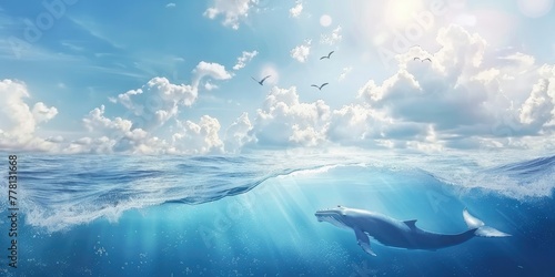 cross section view of blue whales in clear blue ocean with sunny blue sky