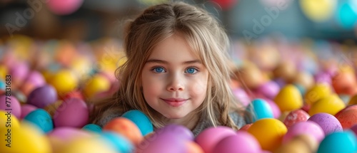 a little girl with blue eyes is in a ball pit filled with colored eggs and has a smile on her face.