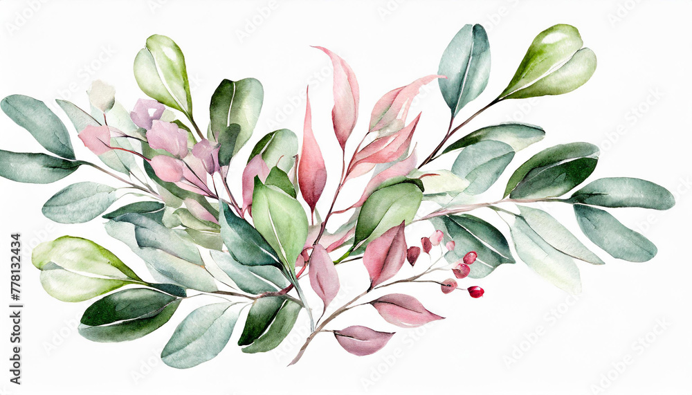 Watercolor floral bouquet branches with green pink blush leaves, for wedding invitations, greetings, wallpapers, fashion, prints. Eucalyptus, olive green leaves