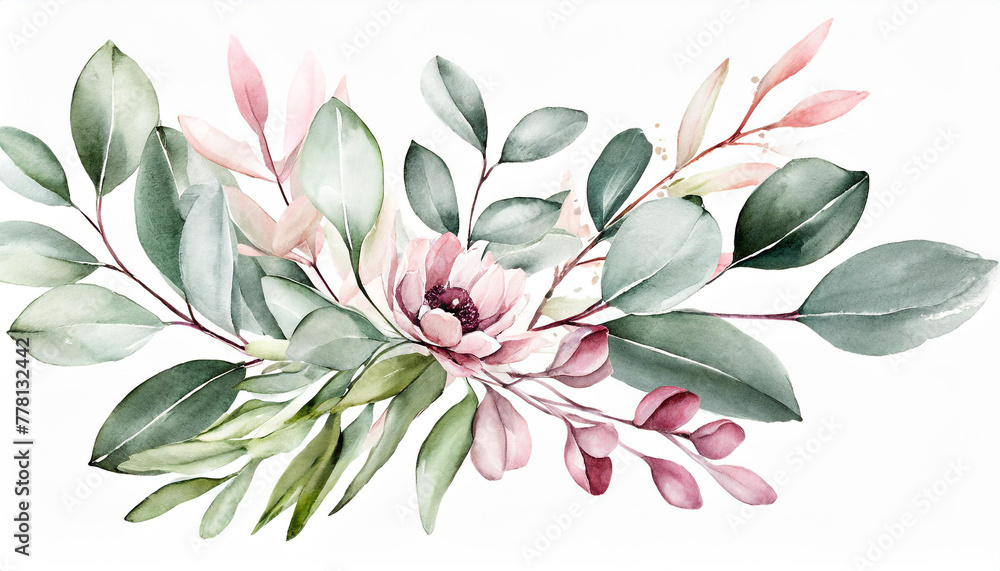 Watercolor floral bouquet branches with green pink blush leaves, for wedding invitations, greetings, wallpapers, fashion, prints. Eucalyptus, olive green leaves
