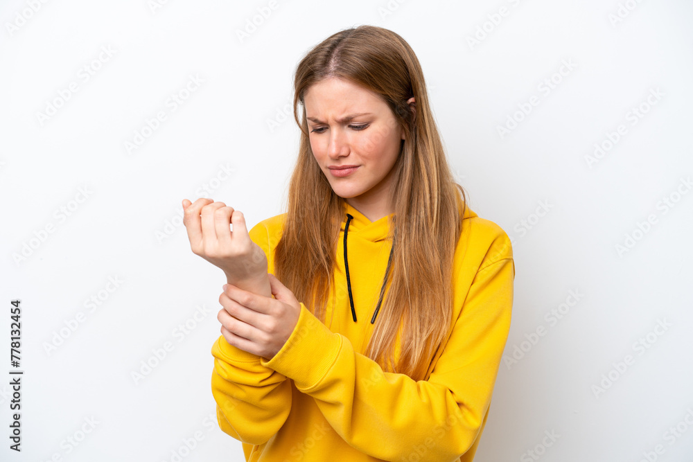 Young caucasian woman isolated on white background suffering from pain in hands Young caucasian woman isolated on white background suffering from pain in hands