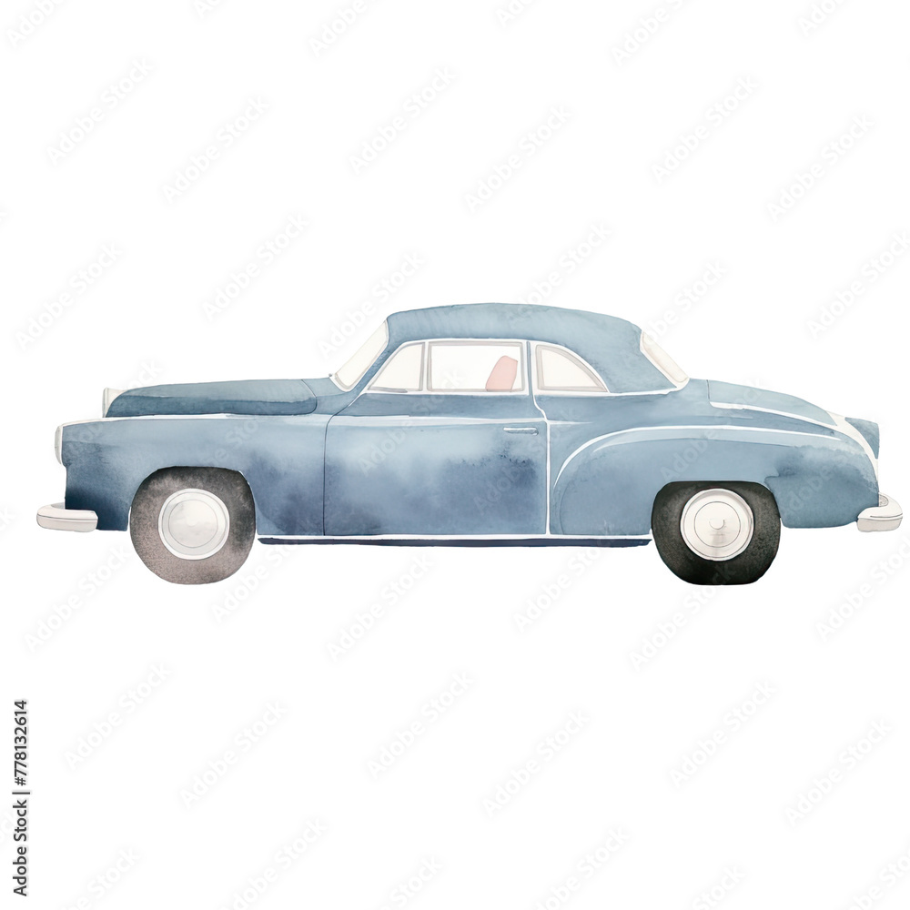 AI-generated watercolor blue car clip art illustration. Isolated elements on a white background.