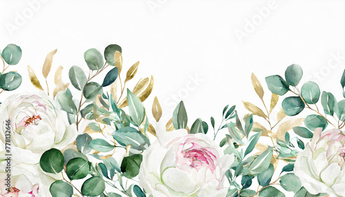 Watercolor floral illustration - white flowers, rose, peony, green and gold leaf frame - border, for wedding stationary, greetings, wallpapers, fashion, background. Eucalyptus, olive, green photo