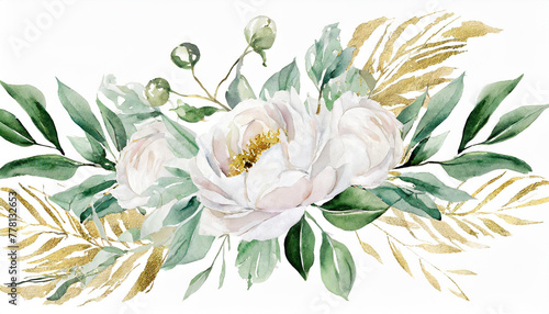Watercolor floral illustration bouquet - white flowers, rose, peony, green and gold leaf branches collection. Wedding stationary, greetings, wallpapers, fashion photo