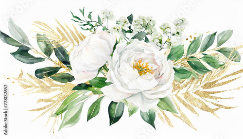 Watercolor floral illustration bouquet - white flowers  rose  peony  green and gold leaf branches collection. Wedding stationary  greetings  wallpapers  fashion