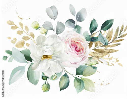 Watercolor floral illustration bouquet - white flowers  rose  peony  green and gold leaf branches collection. Wedding stationary  greetings  wallpapers  fashion  background. Eucalyptus  olive