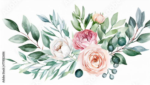 Watercolor floral illustration bouquet set - green leaves, pink peach blush white flowers branches. Wedding invitations, greetings, wallpapers, fashion, prints. Eucalyptus, olive, peony, rose © Merlin