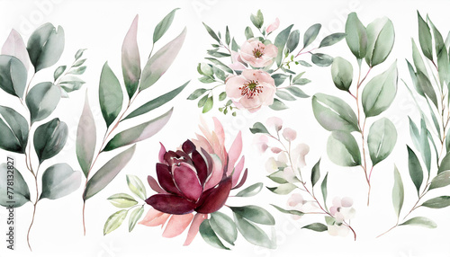 Watercolor floral illustration individual elements set - green leaves, burgundy pink peach blush white flowers, branches. Wedding invitations wallpapers fashion prints. Eucalyptus, olive