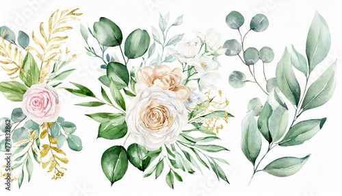 Watercolor floral illustration set - bouquet, frame, border. White flowers, rose, peony, gold green leaf branches collection. Wedding invites, wallpapers, fashion. Eucalyptus olive leaves chamomile.