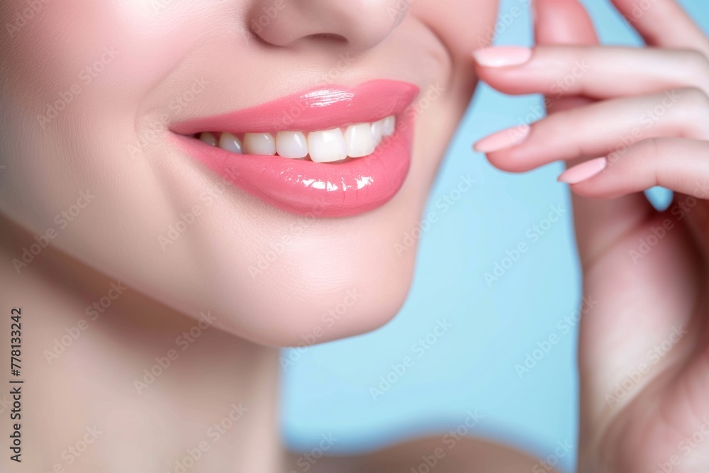 Obraz premium The image shows the female part of the face with beautiful lips, a gentle touch of hands, emphasizing perfect, smooth skin, radiating beauty and well-groomed