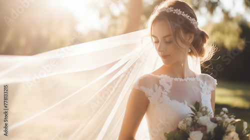 Portrait of a bride with bridal veil, copy space photo