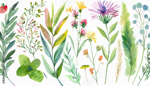 Wild field herbs flowers. Watercolor individual isolated element set - illustration with green leaves and colorful plants. Wedding stationery  wallpapers  fashion  backgrounds  textures. Wildflowers.