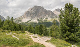 View from Lago di Limides towards Lagazuoi mountain in the Italian Dolomites. Alpine summer view with pine trees and rocky mountains background. Beautiful hiking place for active tourists.