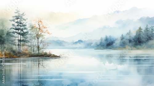 Artistic watercolor strokes forming a serene lake scene
