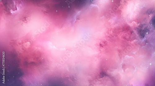A cosmic pink background with stars and galaxies