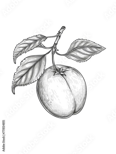 Detailed Black and White Hand Drawn Apricot with Stem and Leaves on White Background. Coloring page.