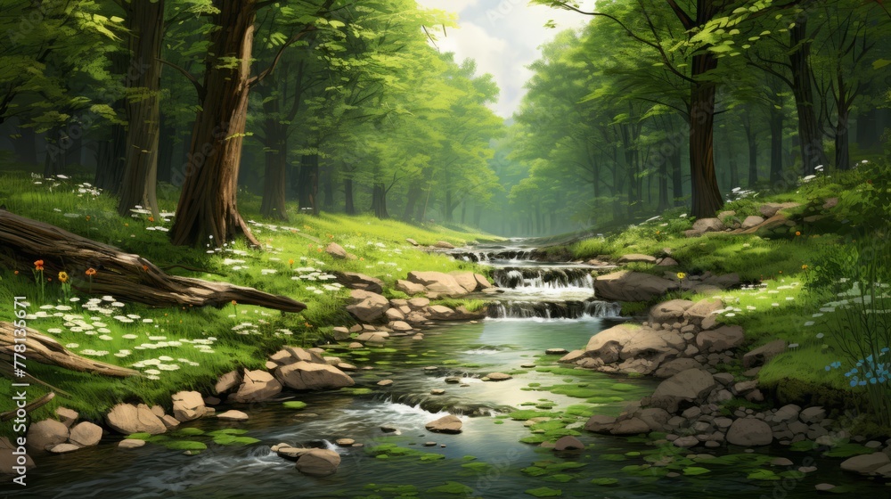 A tranquil forest glade with a gentle stream for a natural vibe A tranquil forest glade with a gentle stream for a natural vibe