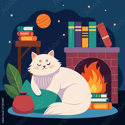 Cozy indoor setting with a fluffy Persian cat curled up lazily by a crackling fireplace, surrounded by stacks of books