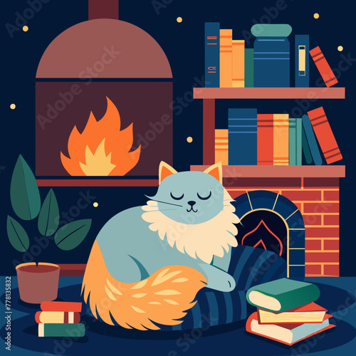 Cozy indoor setting with a fluffy Persian cat curled up lazily by a crackling fireplace, surrounded by stacks of books