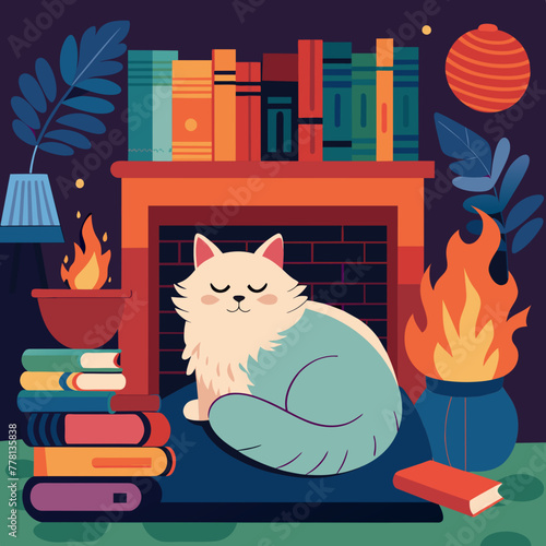 Cozy indoor setting with a fluffy Persian cat curled up lazily by a crackling fireplace, surrounded by stacks of books