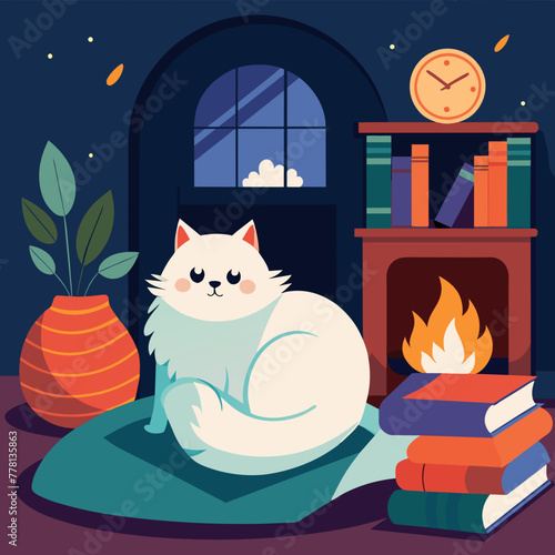 Cozy indoor setting with a fluffy Persian cat curled up lazily by a crackling fireplace, surrounded by stacks of books