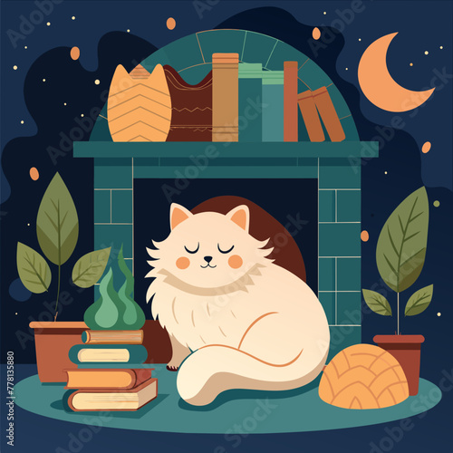 Cozy indoor setting with a fluffy Persian cat curled up lazily by a crackling fireplace, surrounded by stacks of books