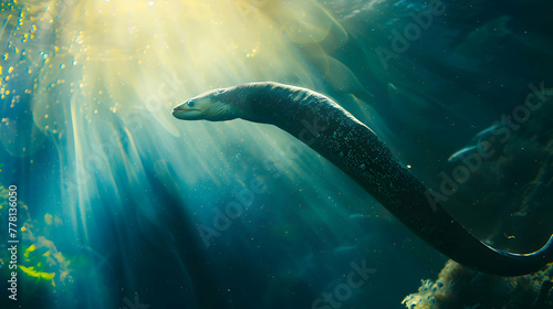 A breathtaking scene capturing the graceful movement of a Moray eel as it navigates through a sun-dappled underwater paradise, with ample copy space for text photo