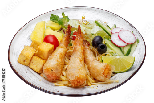 Crispy fried prawns in tempura with vegetables. Isolated over white background