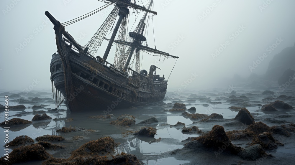 An eerie, haunted shipwreck on a foggy sea An eerie, haunted shipwreck on a foggy sea
