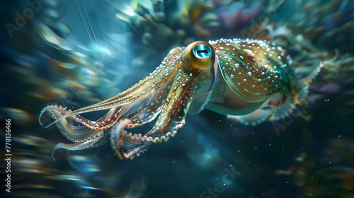 A captivating glimpse of a cuttlefish in motion, its tentacles trailing gracefully behind as it navigates through a softly blurred underwater panorama, inviting contemplation and wonder