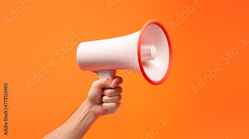 Close up hand holding megaphone, marketing and sales, orange background