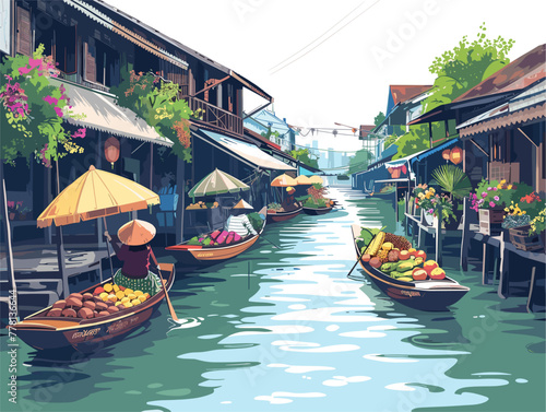 tropical asian floating market scene