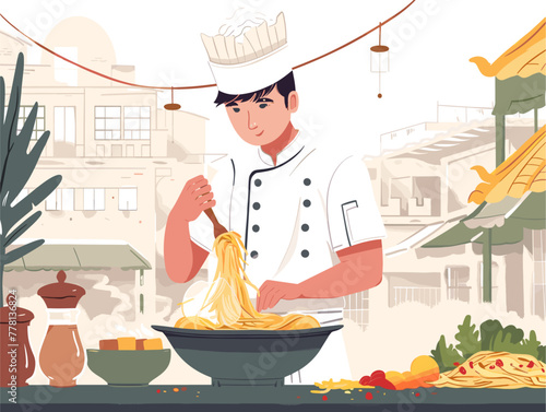 street food stall noodle bowl preparation