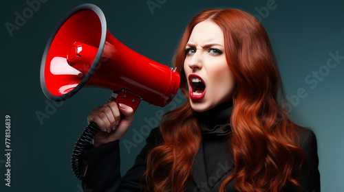 Young woman holding plastic megaphone and raises funds. Communicates shouting loud holding a megaphone, expressing success and positive concept