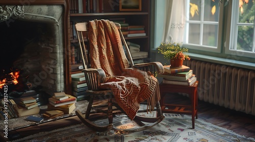 A cozy corner in a retro living room, featuring a rocking chair by the fireplace, a stack of vintage books on a side table, and a knitted throw blanket © SHAPTOS