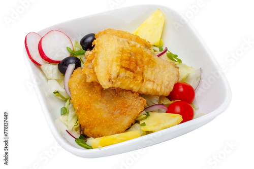 Fried fish with salad in a bowl isolated on a white background