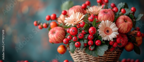 a basket filled with lots of red and white flowers and greenery on top of a wooden table next to a blue wall.