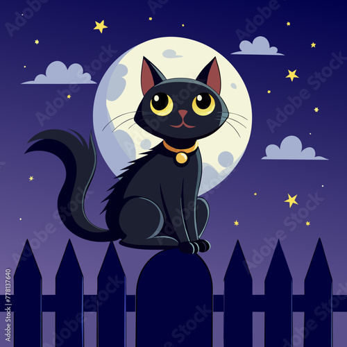 Whimsical portrait of a mischievous black cat perched atop a moonlit fence  with its tail swishing in the cool night air