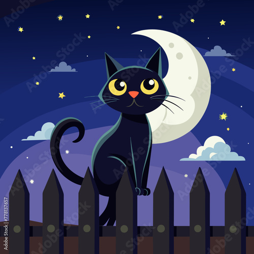 Whimsical portrait of a mischievous black cat perched atop a moonlit fence  with its tail swishing in the cool night air